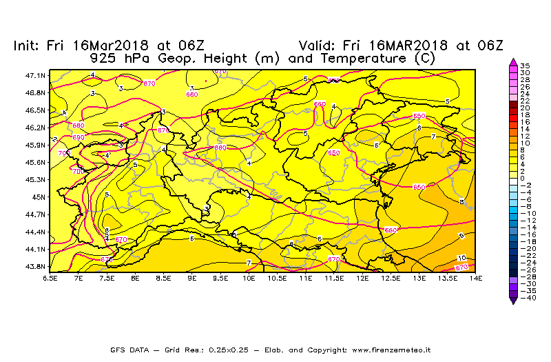 Mappa di analisi GFS - Geopotenziale [m] e Temperatura [°C] a 925 hPa in Nord-Italia
									del 16/03/2018 06 <!--googleoff: index-->UTC<!--googleon: index-->
