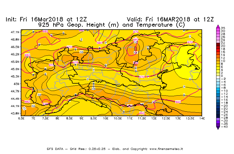 Mappa di analisi GFS - Geopotenziale [m] e Temperatura [°C] a 925 hPa in Nord-Italia
									del 16/03/2018 12 <!--googleoff: index-->UTC<!--googleon: index-->