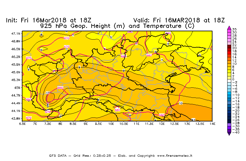 Mappa di analisi GFS - Geopotenziale [m] e Temperatura [°C] a 925 hPa in Nord-Italia
									del 16/03/2018 18 <!--googleoff: index-->UTC<!--googleon: index-->