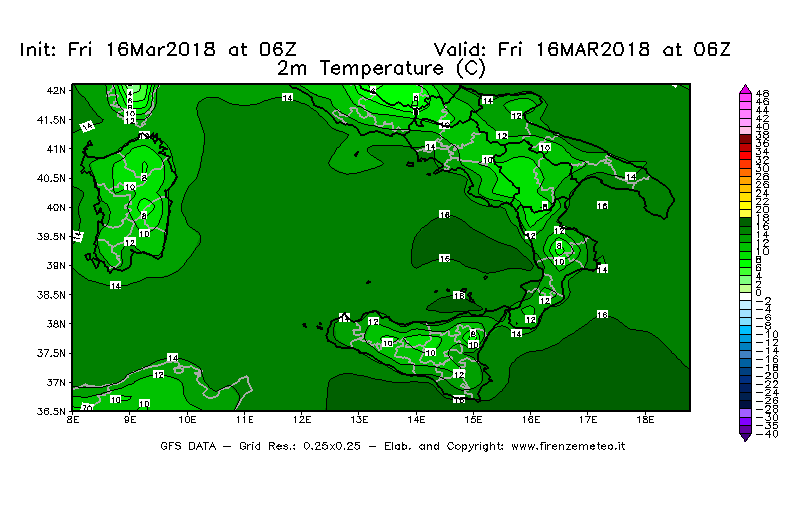 Mappa di analisi GFS - Temperatura a 2 metri dal suolo [°C] in Sud-Italia
									del 16/03/2018 06 <!--googleoff: index-->UTC<!--googleon: index-->