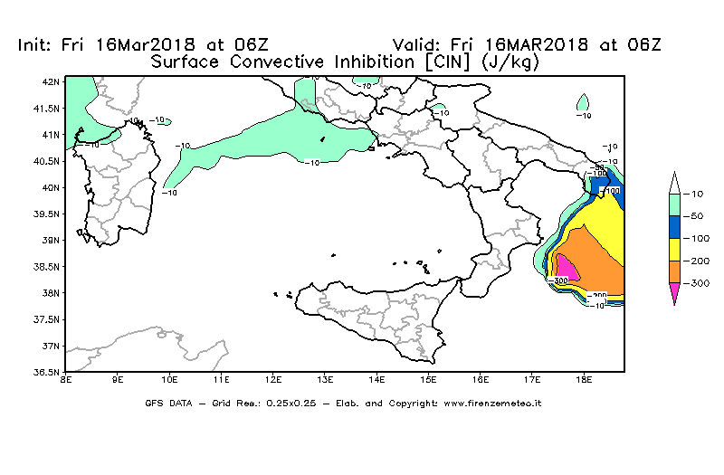 Mappa di analisi GFS - CIN [J/kg] in Sud-Italia
									del 16/03/2018 06 <!--googleoff: index-->UTC<!--googleon: index-->