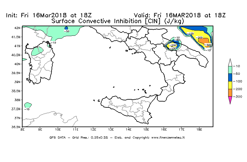 Mappa di analisi GFS - CIN [J/kg] in Sud-Italia
									del 16/03/2018 18 <!--googleoff: index-->UTC<!--googleon: index-->