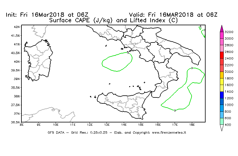 Mappa di analisi GFS - CAPE [J/kg] e Lifted Index [°C] in Sud-Italia
									del 16/03/2018 06 <!--googleoff: index-->UTC<!--googleon: index-->