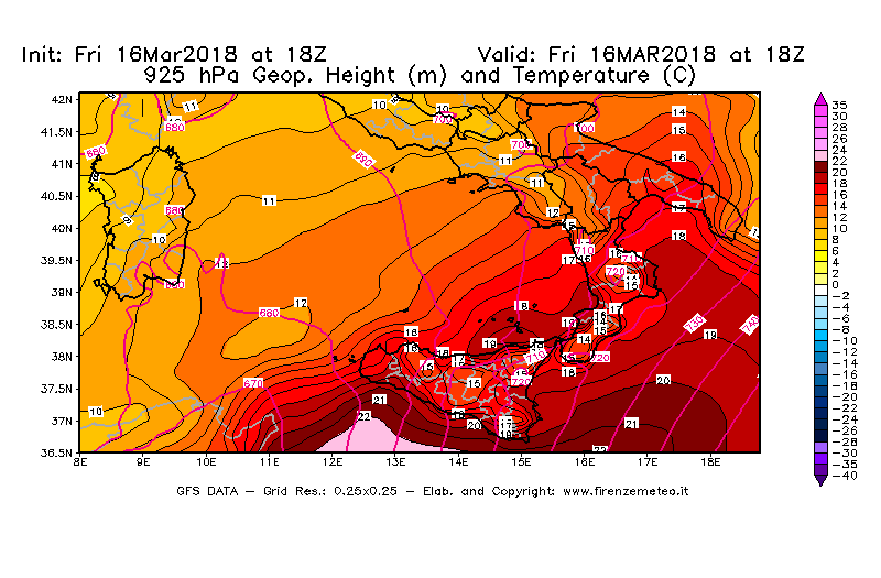 Mappa di analisi GFS - Geopotenziale [m] e Temperatura [°C] a 925 hPa in Sud-Italia
									del 16/03/2018 18 <!--googleoff: index-->UTC<!--googleon: index-->