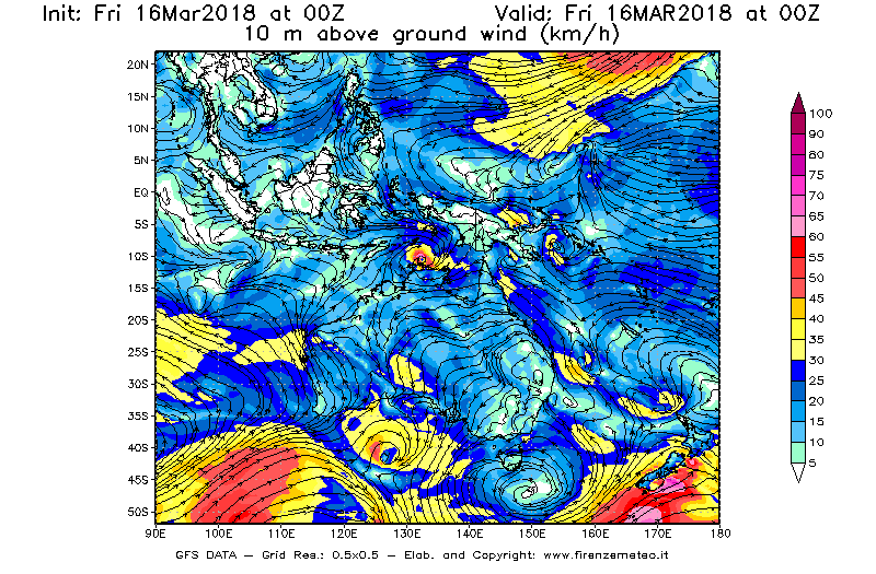 Mappa di analisi GFS - Velocità del vento a 10 metri dal suolo [km/h] in Oceania
									del 16/03/2018 00 <!--googleoff: index-->UTC<!--googleon: index-->