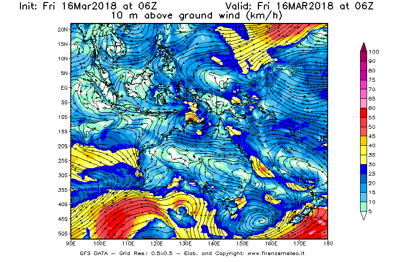 Mappa di analisi GFS - Velocità del vento a 10 metri dal suolo [km/h] in Oceania
									del 16/03/2018 06 <!--googleoff: index-->UTC<!--googleon: index-->
