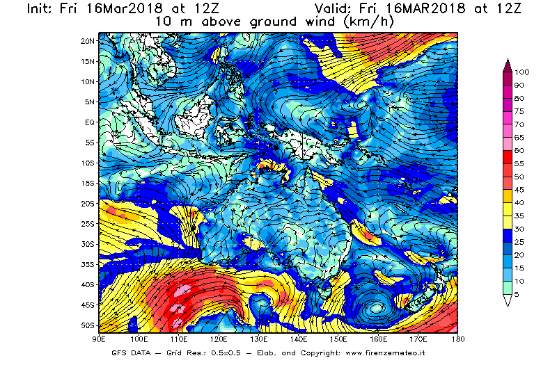 Mappa di analisi GFS - Velocità del vento a 10 metri dal suolo [km/h] in Oceania
									del 16/03/2018 12 <!--googleoff: index-->UTC<!--googleon: index-->
