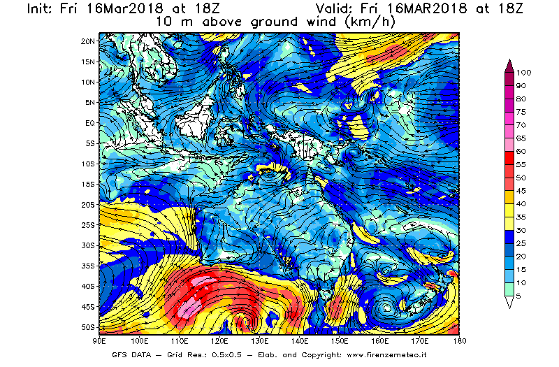 Mappa di analisi GFS - Velocità del vento a 10 metri dal suolo [km/h] in Oceania
									del 16/03/2018 18 <!--googleoff: index-->UTC<!--googleon: index-->
