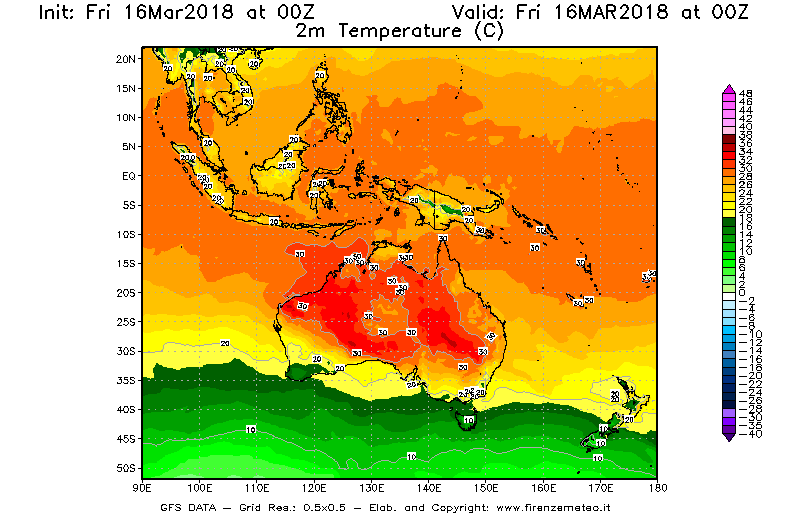 Mappa di analisi GFS - Temperatura a 2 metri dal suolo [°C] in Oceania
									del 16/03/2018 00 <!--googleoff: index-->UTC<!--googleon: index-->