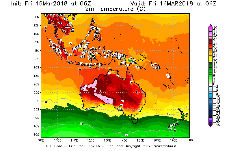 Mappa di analisi GFS - Temperatura a 2 metri dal suolo [°C] in Oceania
									del 16/03/2018 06 <!--googleoff: index-->UTC<!--googleon: index-->
