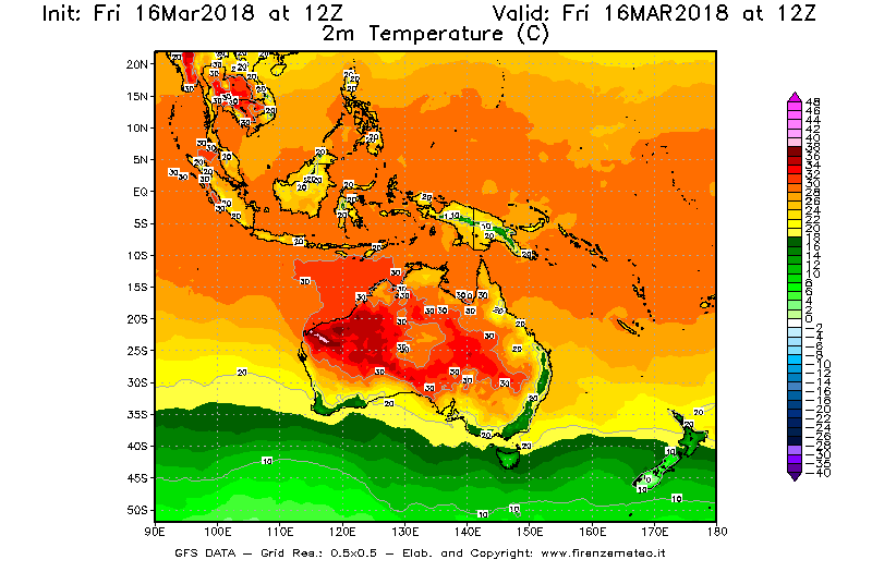 Mappa di analisi GFS - Temperatura a 2 metri dal suolo [°C] in Oceania
									del 16/03/2018 12 <!--googleoff: index-->UTC<!--googleon: index-->