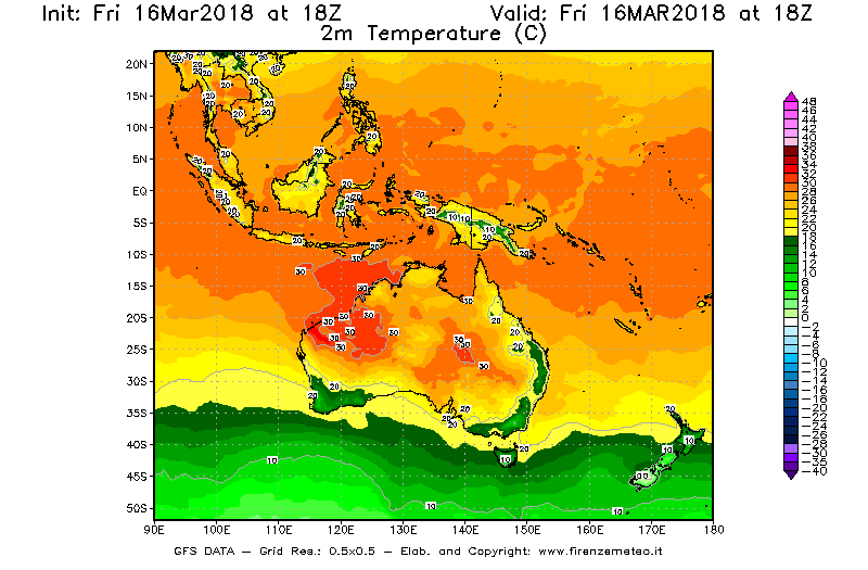 Mappa di analisi GFS - Temperatura a 2 metri dal suolo [°C] in Oceania
									del 16/03/2018 18 <!--googleoff: index-->UTC<!--googleon: index-->