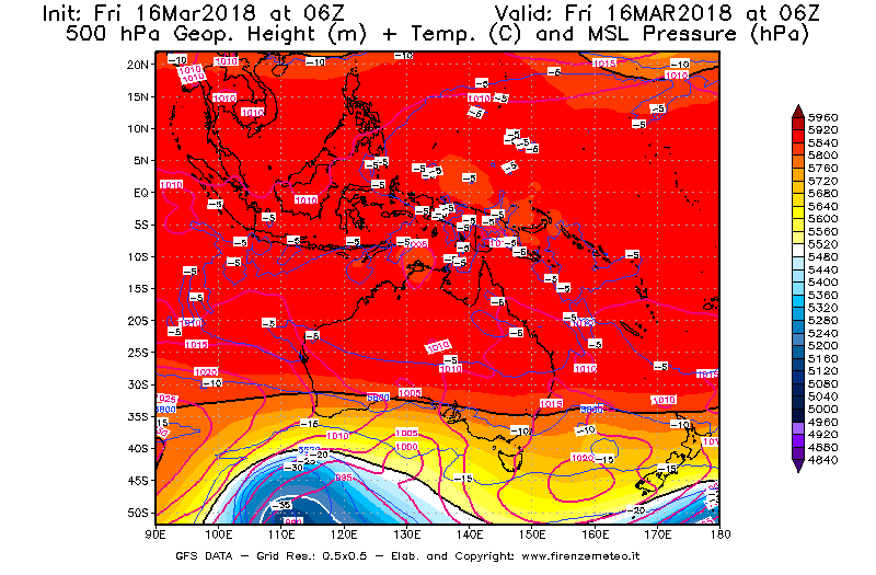 Mappa di analisi GFS - Geopotenziale [m] + Temp. [°C] a 500 hPa + Press. a livello del mare [hPa] in Oceania
									del 16/03/2018 06 <!--googleoff: index-->UTC<!--googleon: index-->