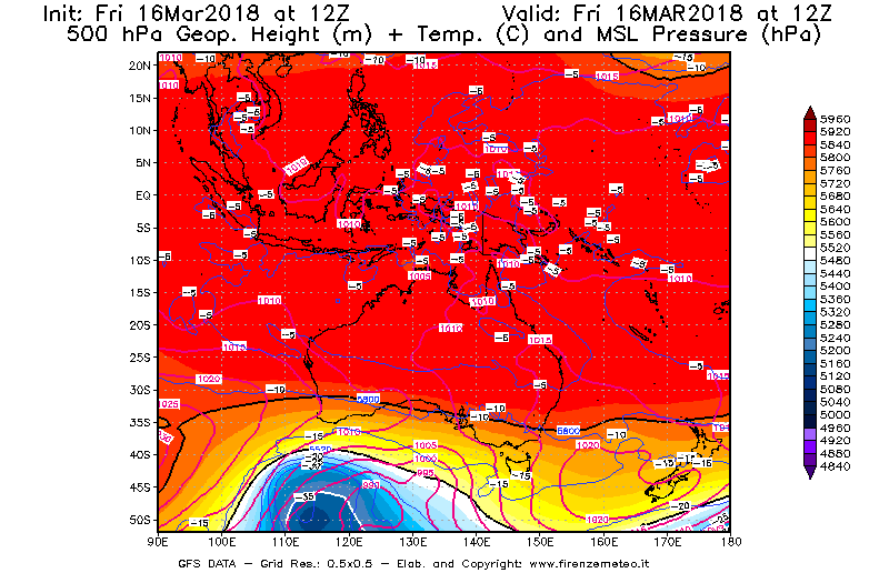 Mappa di analisi GFS - Geopotenziale [m] + Temp. [°C] a 500 hPa + Press. a livello del mare [hPa] in Oceania
									del 16/03/2018 12 <!--googleoff: index-->UTC<!--googleon: index-->