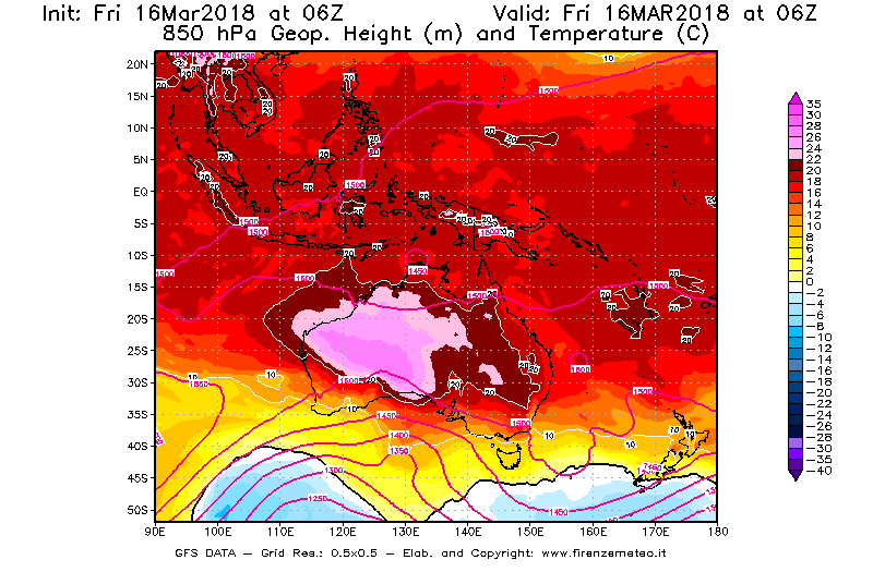 Mappa di analisi GFS - Geopotenziale [m] e Temperatura [°C] a 850 hPa in Oceania
									del 16/03/2018 06 <!--googleoff: index-->UTC<!--googleon: index-->