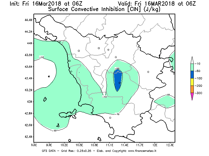Mappa di analisi GFS - CIN [J/kg] in Toscana
									del 16/03/2018 06 <!--googleoff: index-->UTC<!--googleon: index-->
