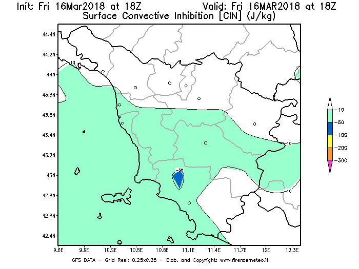 Mappa di analisi GFS - CIN [J/kg] in Toscana
									del 16/03/2018 18 <!--googleoff: index-->UTC<!--googleon: index-->