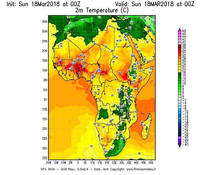 Mappa di analisi GFS - Temperatura a 2 metri dal suolo [°C] in Africa
							del 18/03/2018 00 <!--googleoff: index-->UTC<!--googleon: index-->