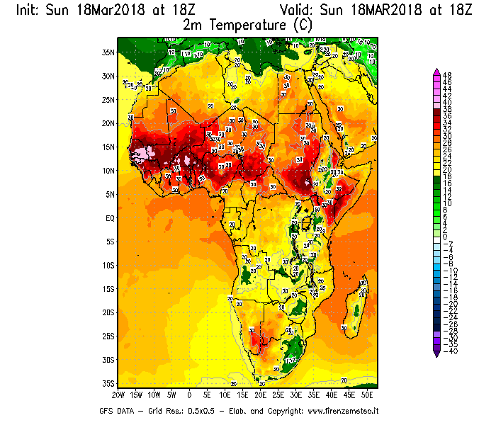 Mappa di analisi GFS - Temperatura a 2 metri dal suolo [°C] in Africa
							del 18/03/2018 18 <!--googleoff: index-->UTC<!--googleon: index-->