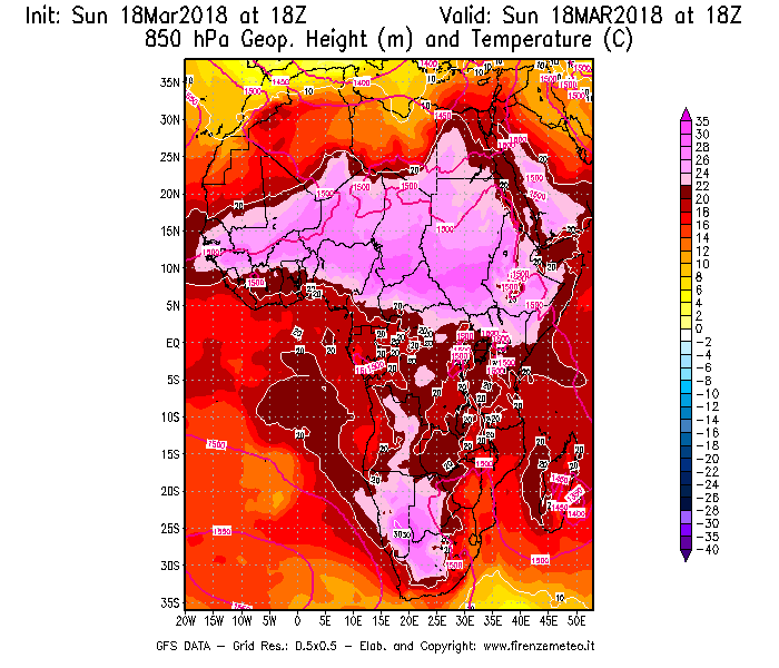 Mappa di analisi GFS - Geopotenziale [m] e Temperatura [°C] a 850 hPa in Africa
							del 18/03/2018 18 <!--googleoff: index-->UTC<!--googleon: index-->