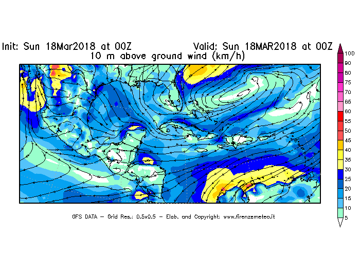 Mappa di analisi GFS - Velocità del vento a 10 metri dal suolo [km/h] in Centro-America
							del 18/03/2018 00 <!--googleoff: index-->UTC<!--googleon: index-->