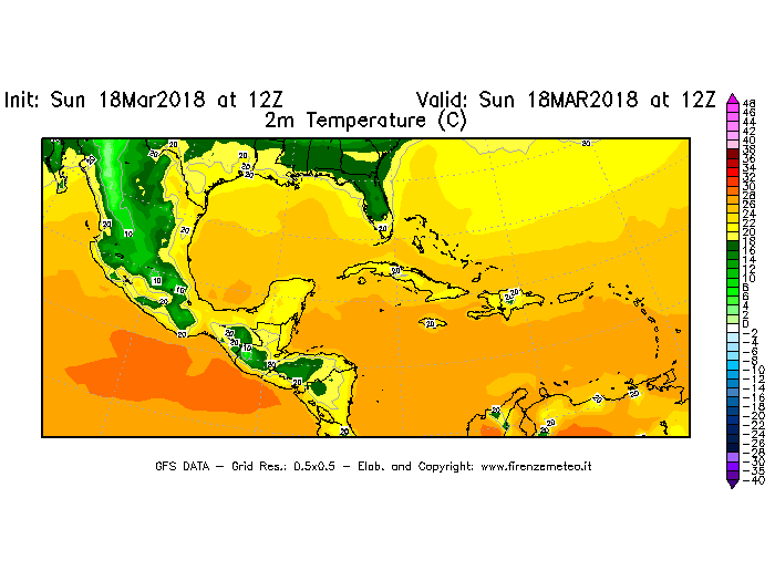 Mappa di analisi GFS - Temperatura a 2 metri dal suolo [°C] in Centro-America
							del 18/03/2018 12 <!--googleoff: index-->UTC<!--googleon: index-->