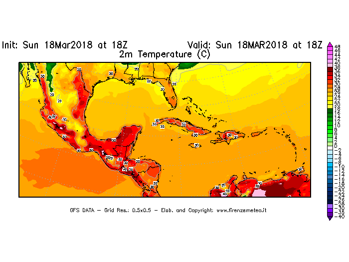Mappa di analisi GFS - Temperatura a 2 metri dal suolo [°C] in Centro-America
							del 18/03/2018 18 <!--googleoff: index-->UTC<!--googleon: index-->