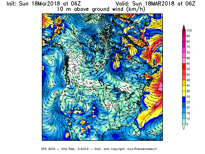 Mappa di analisi GFS - Velocità del vento a 10 metri dal suolo [km/h] in Nord-America
							del 18/03/2018 06 <!--googleoff: index-->UTC<!--googleon: index-->