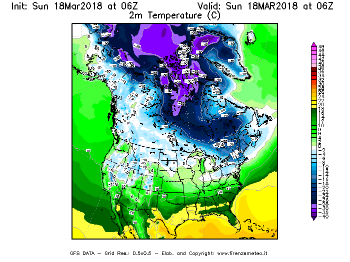 Mappa di analisi GFS - Temperatura a 2 metri dal suolo [°C] in Nord-America
							del 18/03/2018 06 <!--googleoff: index-->UTC<!--googleon: index-->