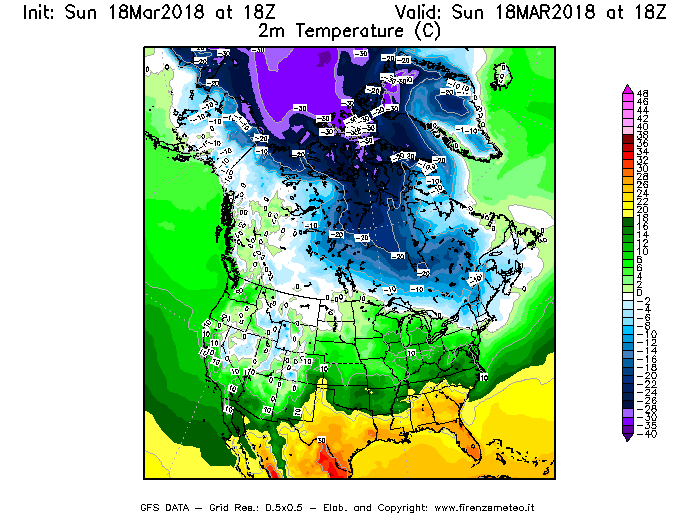 Mappa di analisi GFS - Temperatura a 2 metri dal suolo [°C] in Nord-America
							del 18/03/2018 18 <!--googleoff: index-->UTC<!--googleon: index-->