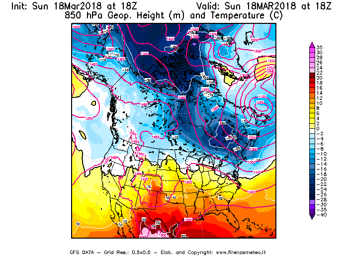 Mappa di analisi GFS - Geopotenziale [m] e Temperatura [°C] a 850 hPa in Nord-America
							del 18/03/2018 18 <!--googleoff: index-->UTC<!--googleon: index-->