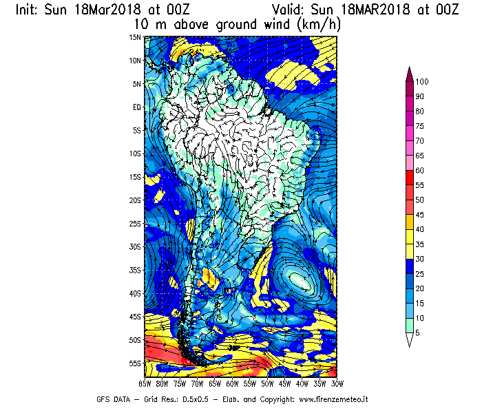 Mappa di analisi GFS - Velocità del vento a 10 metri dal suolo [km/h] in Sud-America
							del 18/03/2018 00 <!--googleoff: index-->UTC<!--googleon: index-->