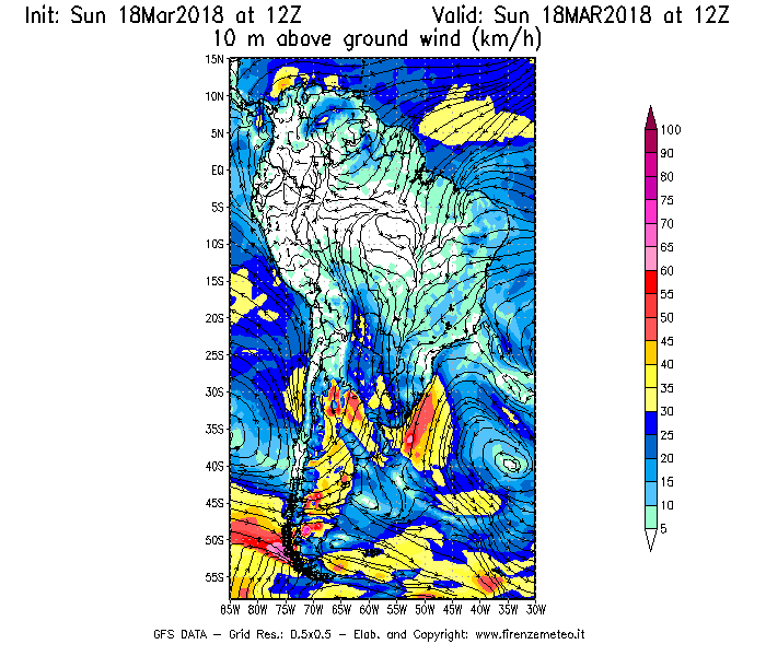 Mappa di analisi GFS - Velocità del vento a 10 metri dal suolo [km/h] in Sud-America
							del 18/03/2018 12 <!--googleoff: index-->UTC<!--googleon: index-->