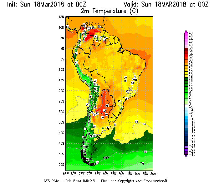 Mappa di analisi GFS - Temperatura a 2 metri dal suolo [°C] in Sud-America
							del 18/03/2018 00 <!--googleoff: index-->UTC<!--googleon: index-->