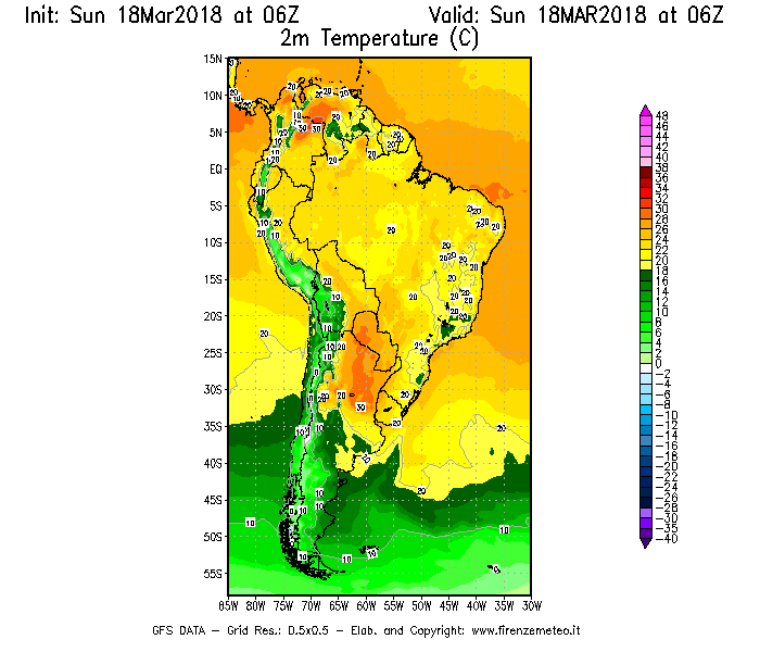 Mappa di analisi GFS - Temperatura a 2 metri dal suolo [°C] in Sud-America
							del 18/03/2018 06 <!--googleoff: index-->UTC<!--googleon: index-->