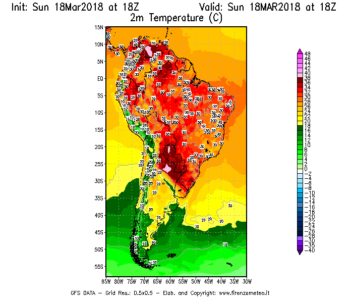 Mappa di analisi GFS - Temperatura a 2 metri dal suolo [°C] in Sud-America
							del 18/03/2018 18 <!--googleoff: index-->UTC<!--googleon: index-->