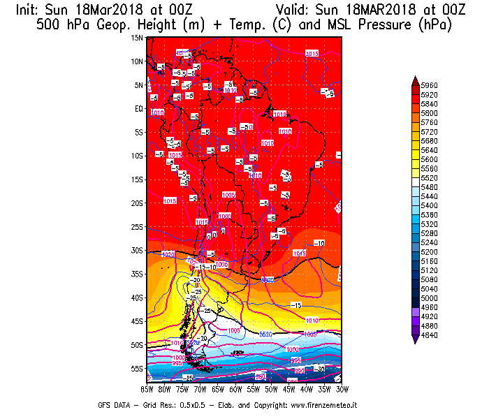 Mappa di analisi GFS - Geopotenziale [m] + Temp. [°C] a 500 hPa + Press. a livello del mare [hPa] in Sud-America
							del 18/03/2018 00 <!--googleoff: index-->UTC<!--googleon: index-->