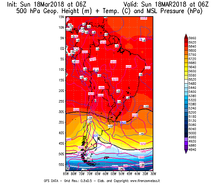 Mappa di analisi GFS - Geopotenziale [m] + Temp. [°C] a 500 hPa + Press. a livello del mare [hPa] in Sud-America
							del 18/03/2018 06 <!--googleoff: index-->UTC<!--googleon: index-->