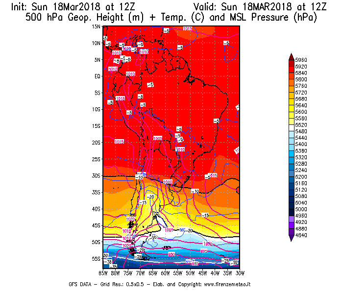 Mappa di analisi GFS - Geopotenziale [m] + Temp. [°C] a 500 hPa + Press. a livello del mare [hPa] in Sud-America
							del 18/03/2018 12 <!--googleoff: index-->UTC<!--googleon: index-->