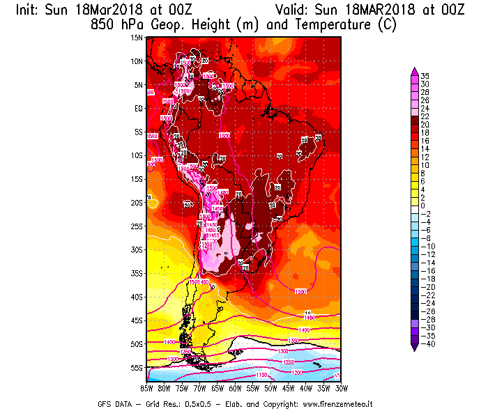 Mappa di analisi GFS - Geopotenziale [m] e Temperatura [°C] a 850 hPa in Sud-America
							del 18/03/2018 00 <!--googleoff: index-->UTC<!--googleon: index-->