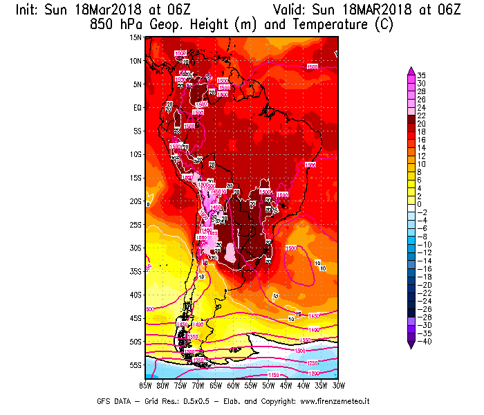 Mappa di analisi GFS - Geopotenziale [m] e Temperatura [°C] a 850 hPa in Sud-America
							del 18/03/2018 06 <!--googleoff: index-->UTC<!--googleon: index-->