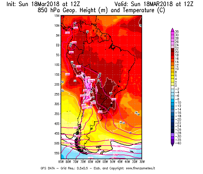Mappa di analisi GFS - Geopotenziale [m] e Temperatura [°C] a 850 hPa in Sud-America
							del 18/03/2018 12 <!--googleoff: index-->UTC<!--googleon: index-->