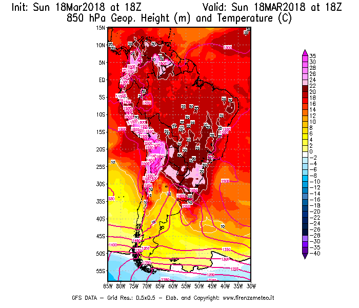 Mappa di analisi GFS - Geopotenziale [m] e Temperatura [°C] a 850 hPa in Sud-America
							del 18/03/2018 18 <!--googleoff: index-->UTC<!--googleon: index-->