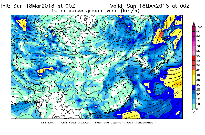 Mappa di analisi GFS - Velocità del vento a 10 metri dal suolo [km/h] in Asia Orientale
							del 18/03/2018 00 <!--googleoff: index-->UTC<!--googleon: index-->