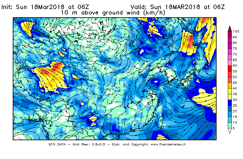 Mappa di analisi GFS - Velocità del vento a 10 metri dal suolo [km/h] in Asia Orientale
							del 18/03/2018 06 <!--googleoff: index-->UTC<!--googleon: index-->