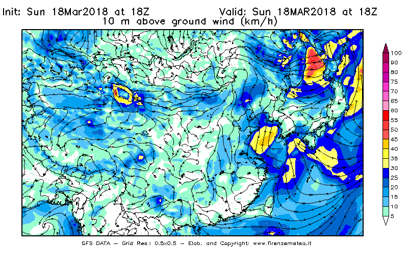 Mappa di analisi GFS - Velocità del vento a 10 metri dal suolo [km/h] in Asia Orientale
							del 18/03/2018 18 <!--googleoff: index-->UTC<!--googleon: index-->
