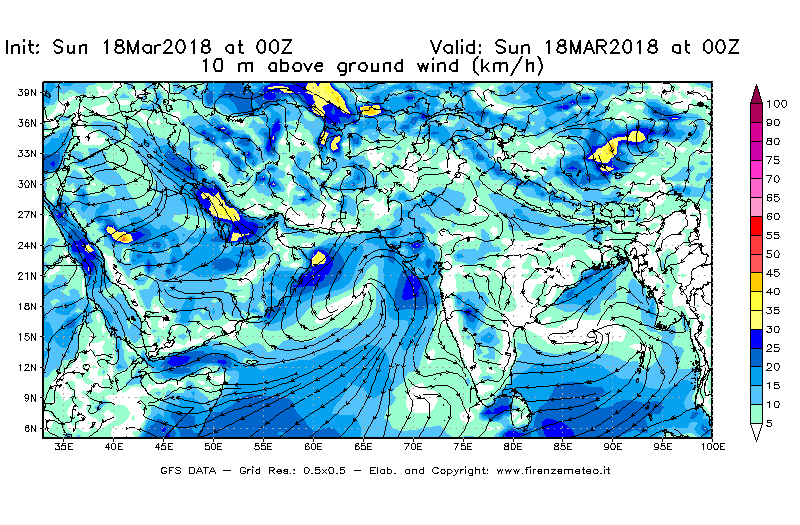 Mappa di analisi GFS - Velocità del vento a 10 metri dal suolo [km/h] in Asia Sud-Occidentale
							del 18/03/2018 00 <!--googleoff: index-->UTC<!--googleon: index-->