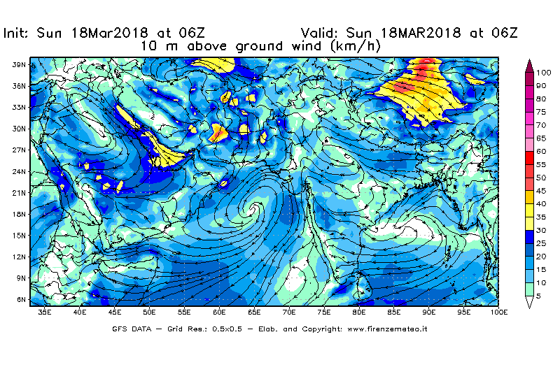 Mappa di analisi GFS - Velocità del vento a 10 metri dal suolo [km/h] in Asia Sud-Occidentale
							del 18/03/2018 06 <!--googleoff: index-->UTC<!--googleon: index-->