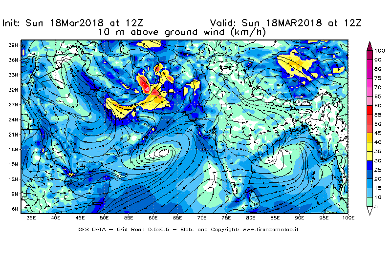 Mappa di analisi GFS - Velocità del vento a 10 metri dal suolo [km/h] in Asia Sud-Occidentale
							del 18/03/2018 12 <!--googleoff: index-->UTC<!--googleon: index-->