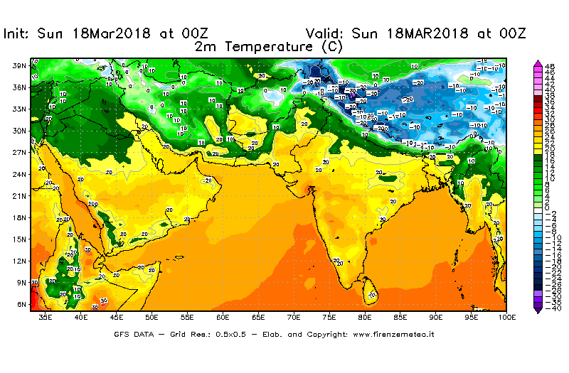 Mappa di analisi GFS - Temperatura a 2 metri dal suolo [°C] in Asia Sud-Occidentale
							del 18/03/2018 00 <!--googleoff: index-->UTC<!--googleon: index-->